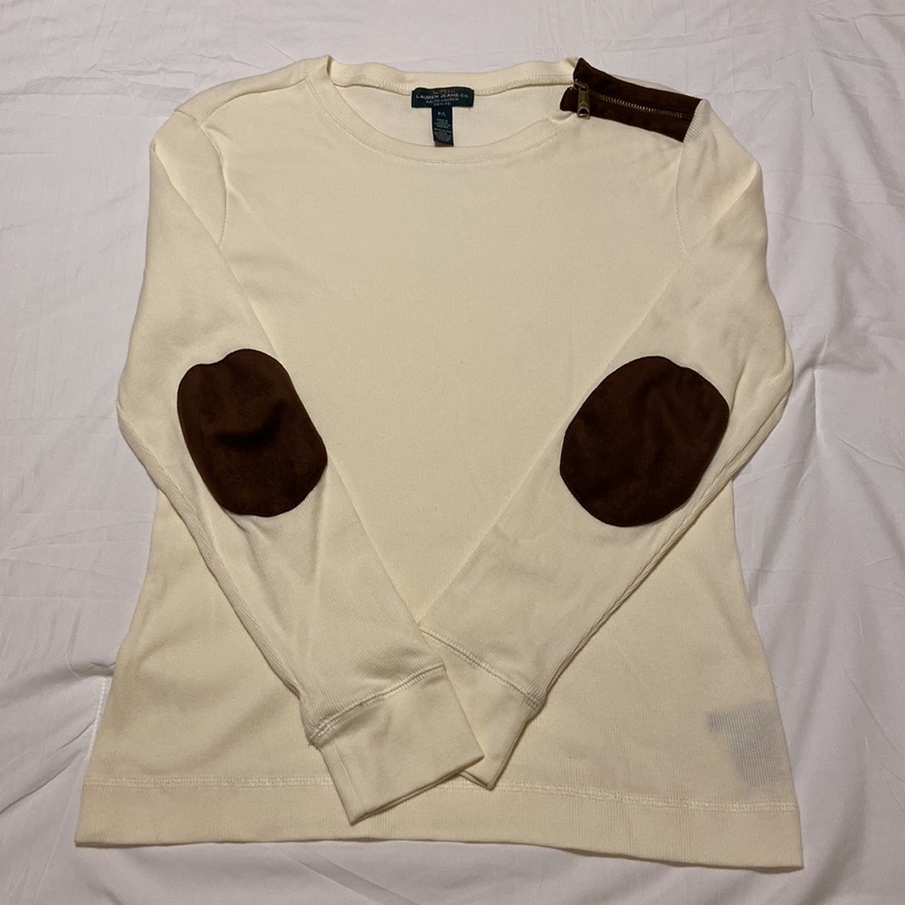 Ralph Lauren VTG LSleeve Pullover Ivory & Brown Elbow Patches, Zipper SZ P/L, EC